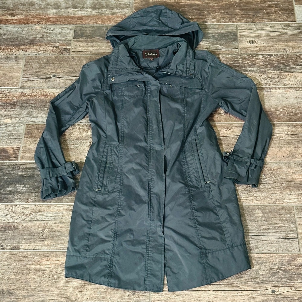 Cole Haan Black Raincoat Jacket Women's M Hooded Midi Trench